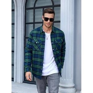 TacVAsen Men Plaid Flannel Shirt Jacket Long Sleeve Button Up Outdoor Size L
